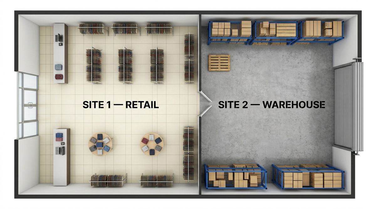 image of commercial building, showing a retail section and warehouse section in top view.